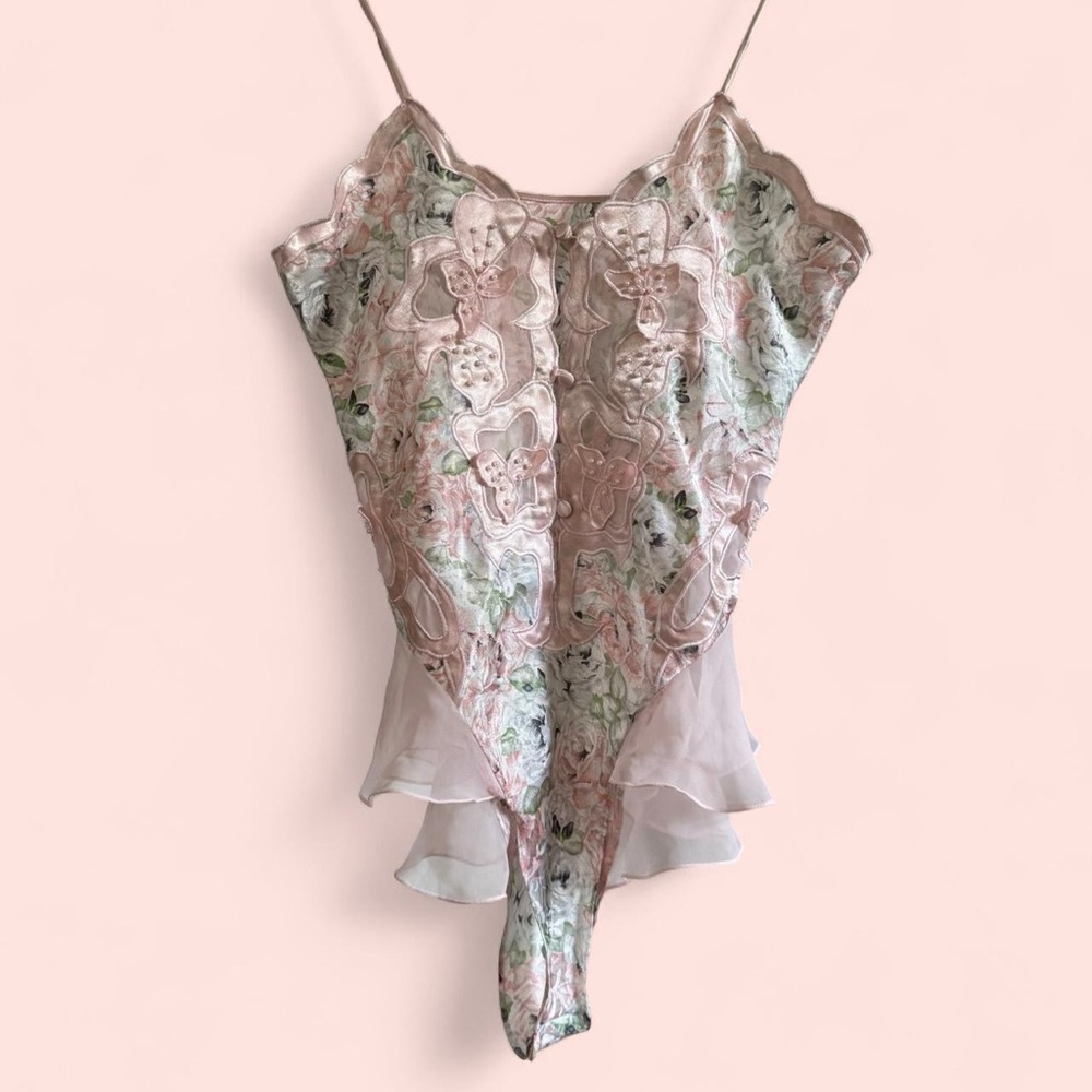 Vintage Victoria's Secret Gold Label Pink/Green Ruffled Teddy